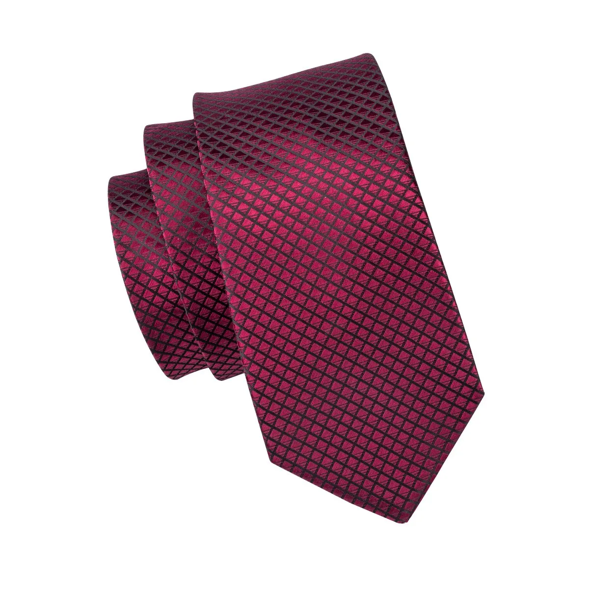 Hi-Tie Dark Red Plaid 63 Inch Length Men's Necktie Pocket Square Set