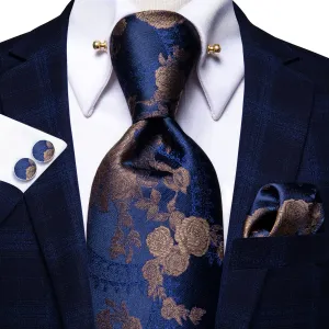 Hi-Tie DarkBlue Floral Tie with Brown Roses Pocket Square Cufflinks Set and Collar Pin