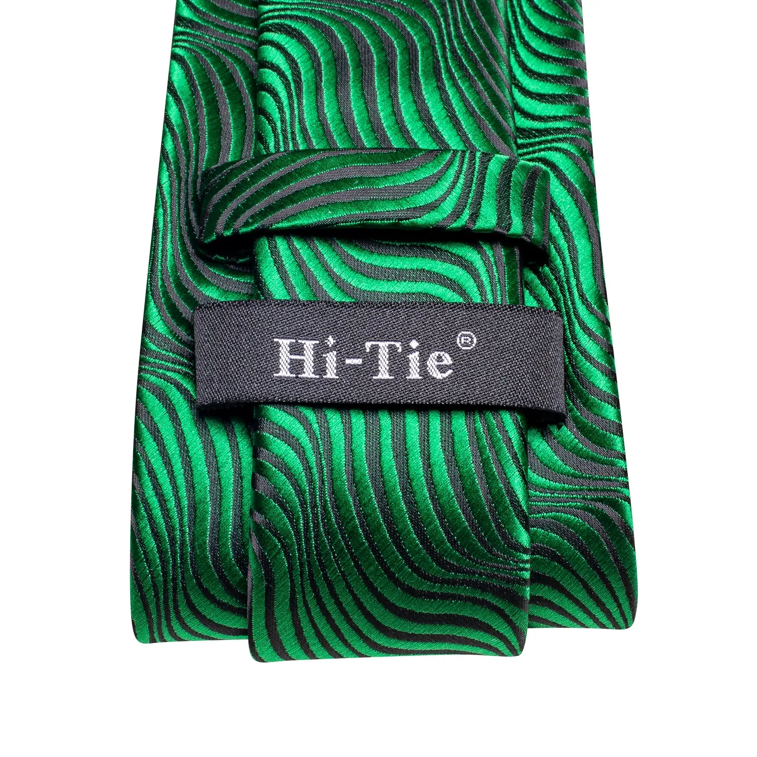 Hi-Tie Emerald Green Irregular Stripes Tie Pocket Square Cufflinks Set