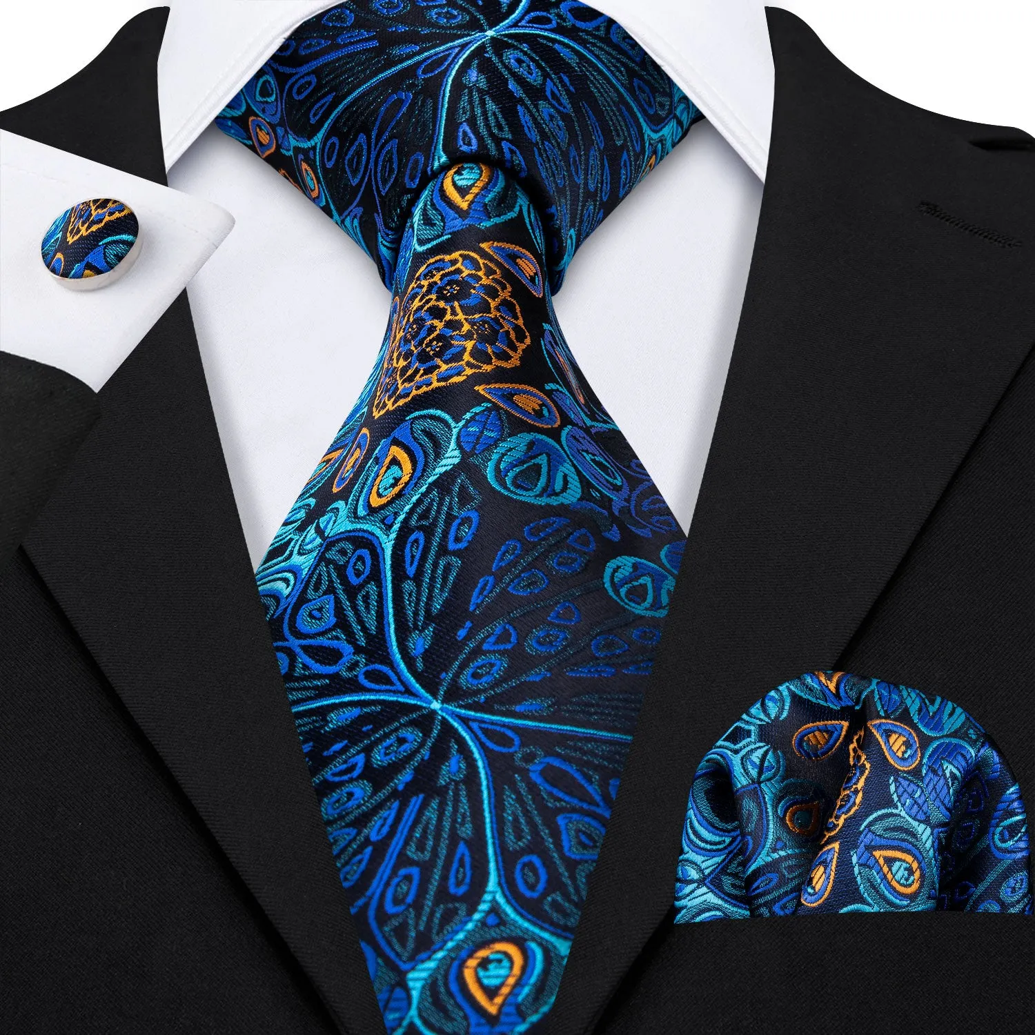 Hi-Tie Fantastic Teal Blue Floral Necktie Pocket Square Cufflinks Set