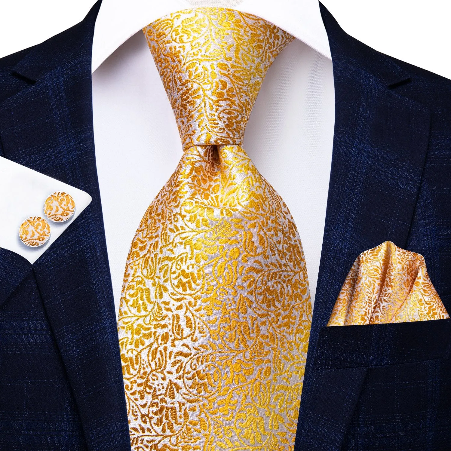 Hi-Tie Gold Leaves Silk Tie Handkerchief Cufflinks Set with Collar Pin