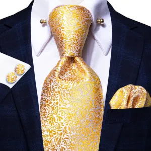 Hi-Tie Gold Leaves Silk Tie Handkerchief Cufflinks Set with Collar Pin