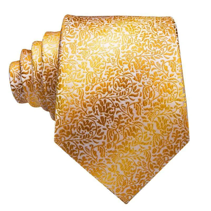 Hi-Tie Gold Leaves Silk Tie Handkerchief Cufflinks Set with Collar Pin