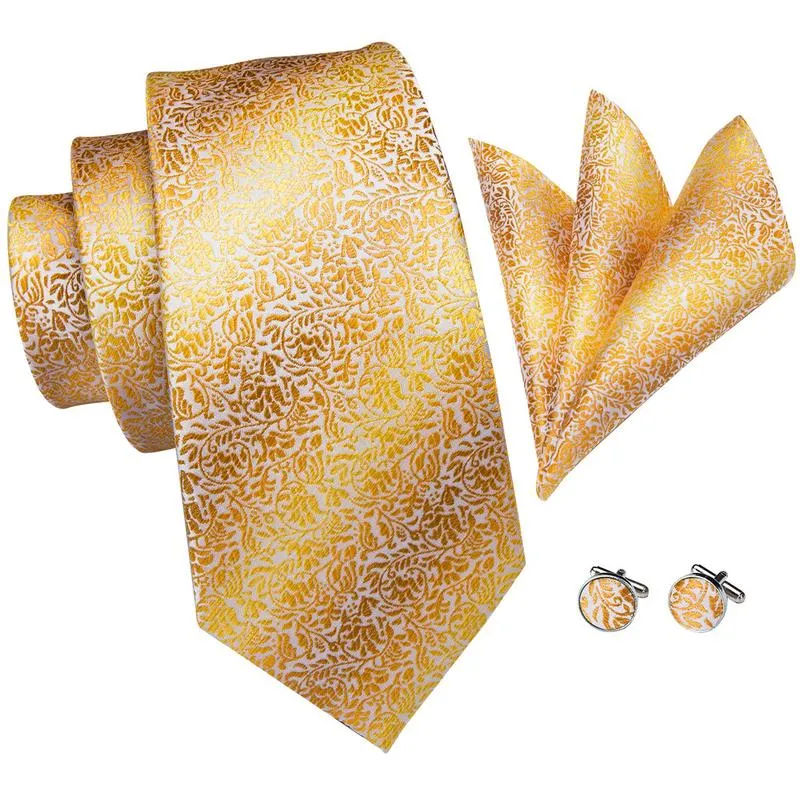 Hi-Tie Gold Leaves Silk Tie Handkerchief Cufflinks Set with Collar Pin