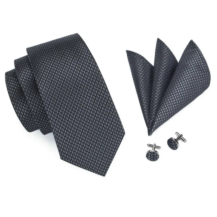 Hi-Tie Gray Black Neckties Geometric Tie Pocket Square Cufflinks Set