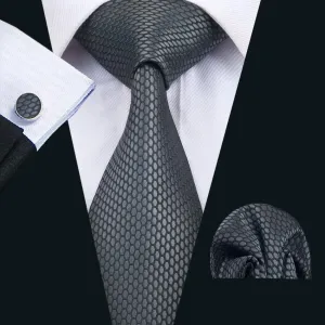 Hi-Tie Gray Black Neckties Geometric Tie Pocket Square Cufflinks Set