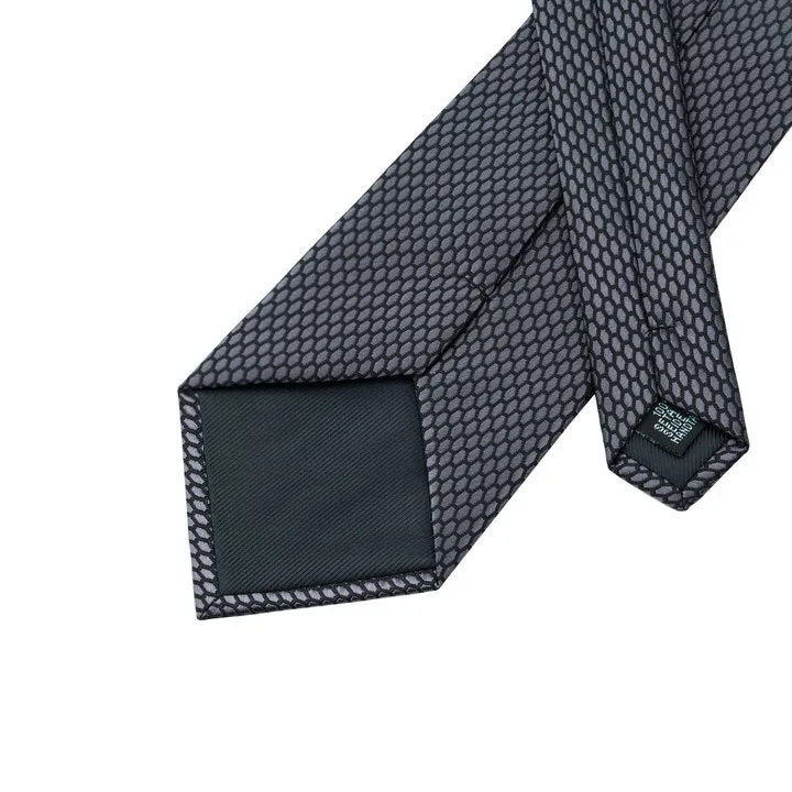 Hi-Tie Gray Black Neckties Geometric Tie Pocket Square Cufflinks Set