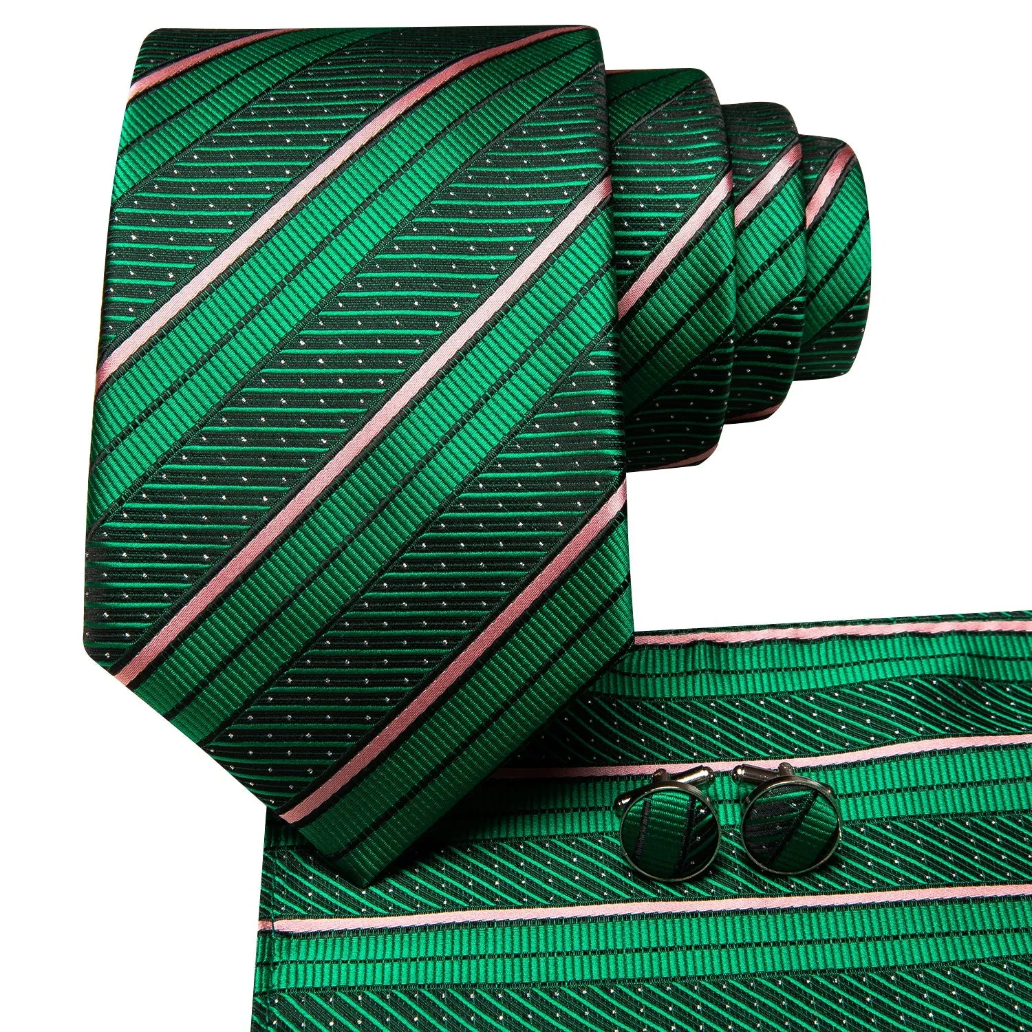 Hi-Tie Green Tie Pink Stripe White Dot 67 Inch Extra Long Necktie Set