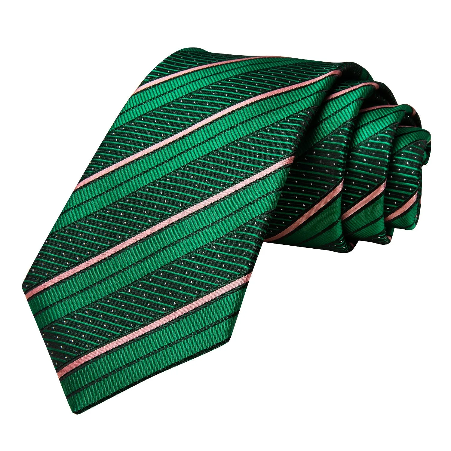 Hi-Tie Green Tie Pink Stripe White Dot 67 Inch Extra Long Necktie Set