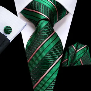 Hi-Tie Green Tie Pink Stripe White Dot 67 Inch Extra Long Necktie Set