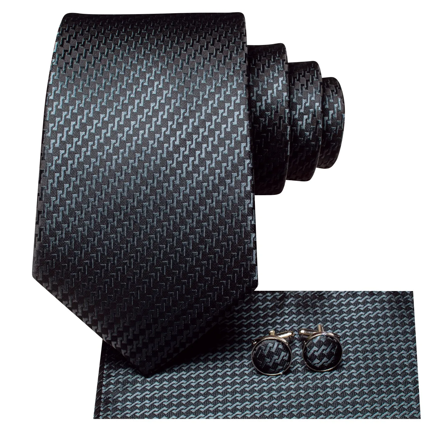 Hi-Tie Grey Black Irregular Strip Silk Tie Pocket Square Cufflinks Set