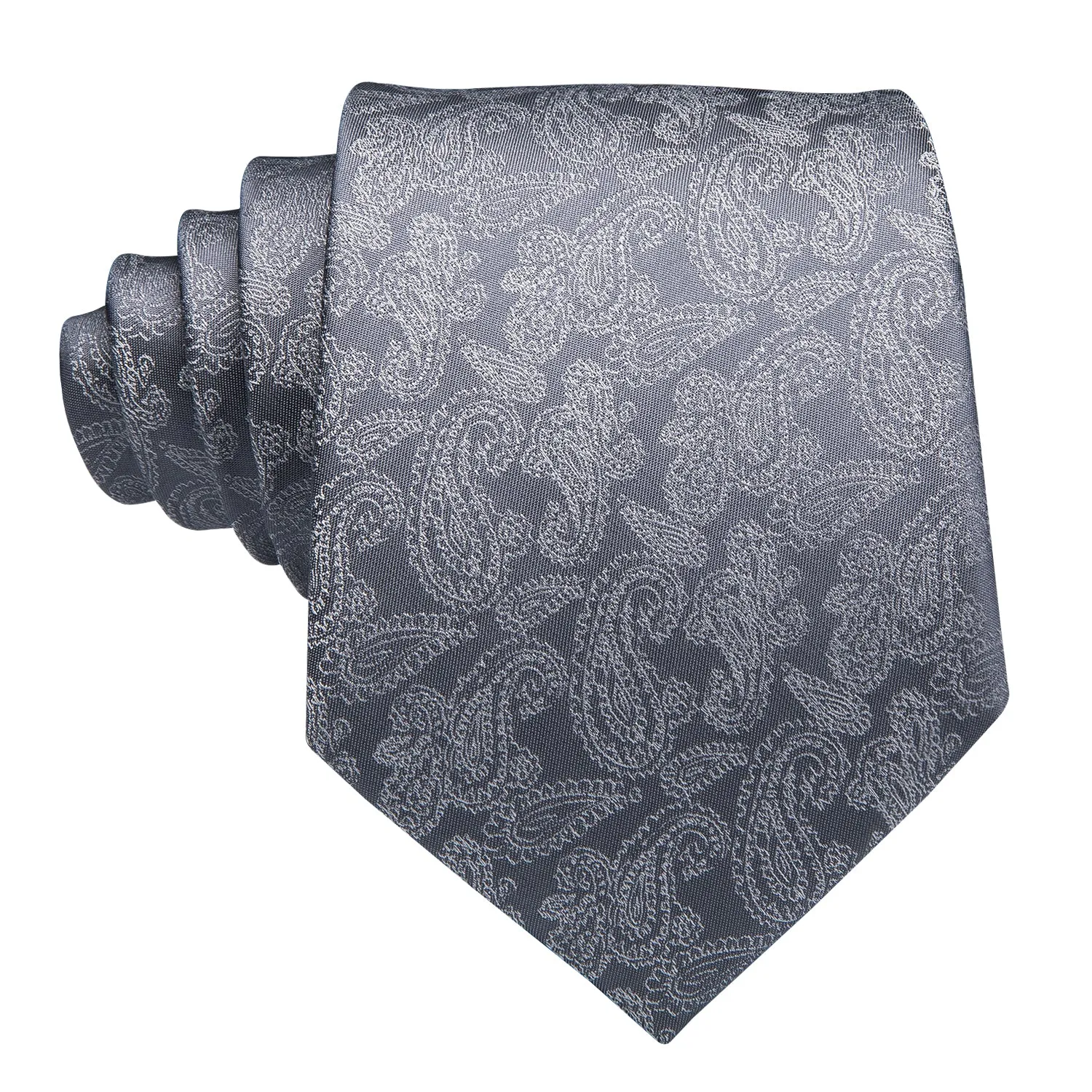 Hi-Tie Grey Tie Shining Grey Paisley Tie Pocket Square Cufflinks Set