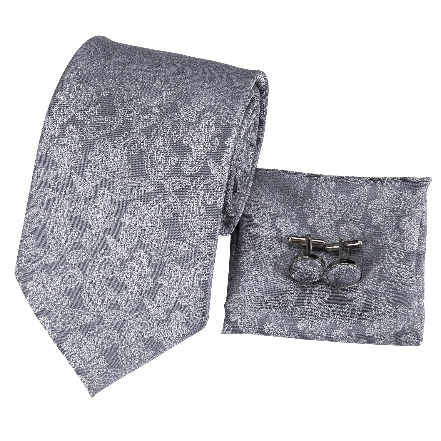 Hi-Tie Grey Tie Shining Grey Paisley Tie Pocket Square Cufflinks Set