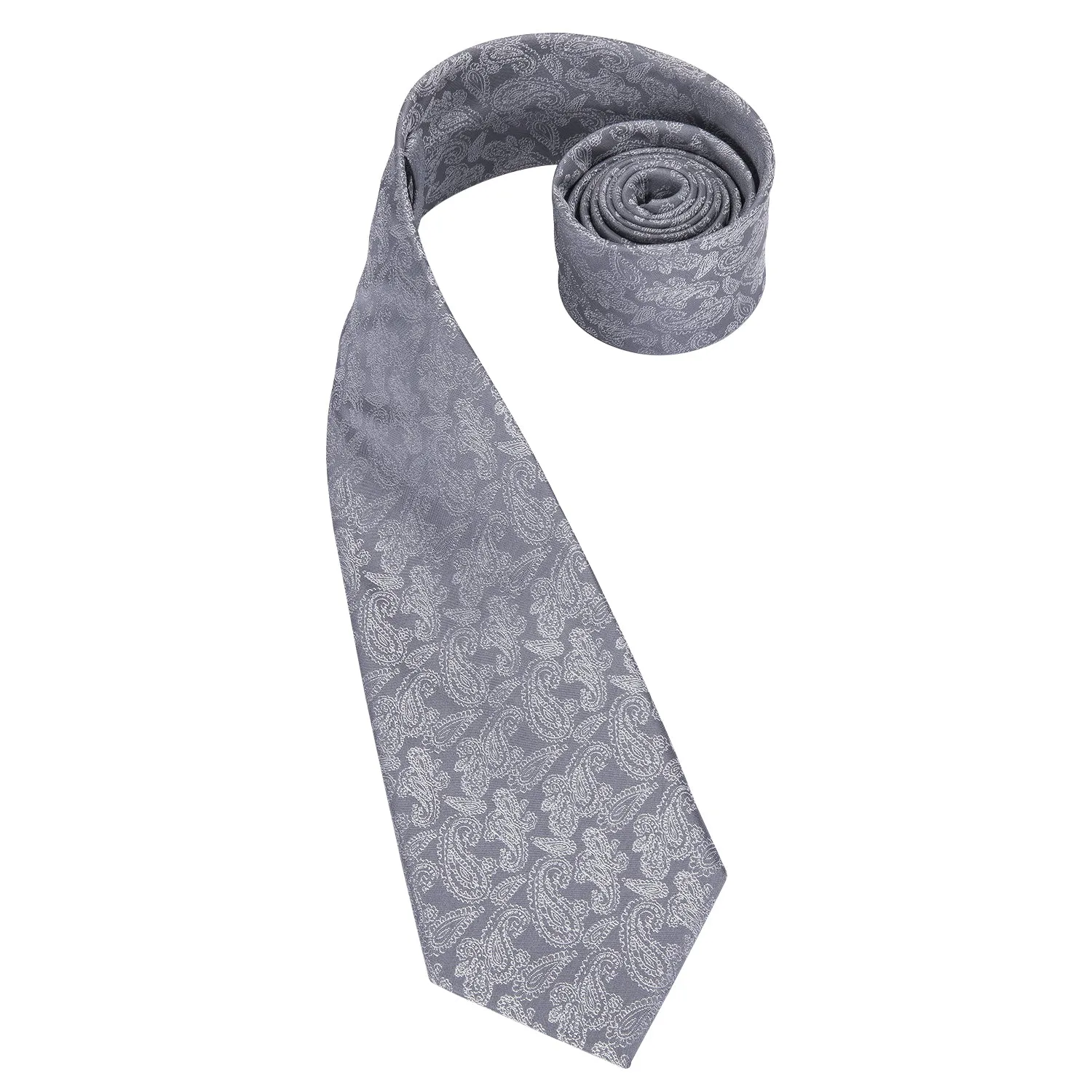 Hi-Tie Grey Tie Shining Grey Paisley Tie Pocket Square Cufflinks Set