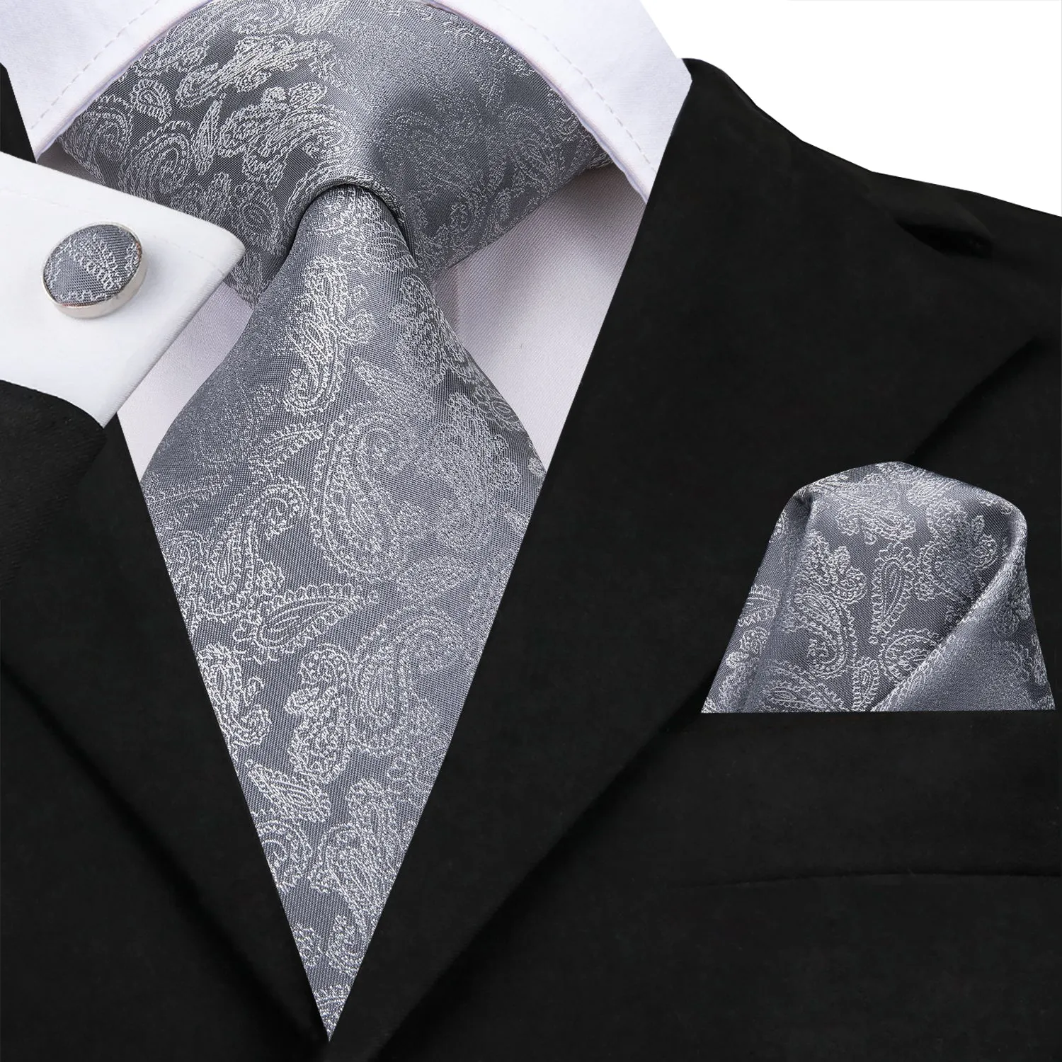 Hi-Tie Grey Tie Shining Grey Paisley Tie Pocket Square Cufflinks Set