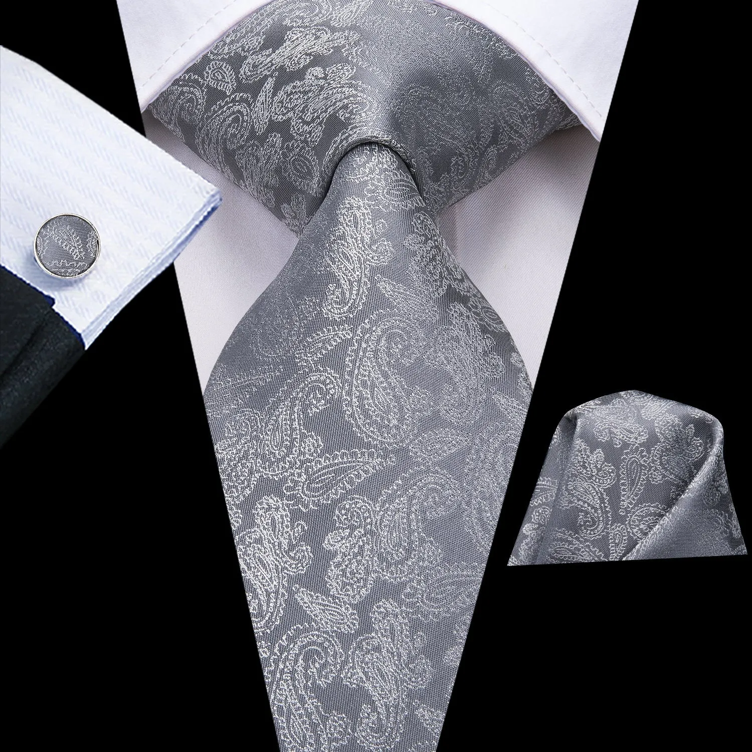 Hi-Tie Grey Tie Shining Grey Paisley Tie Pocket Square Cufflinks Set