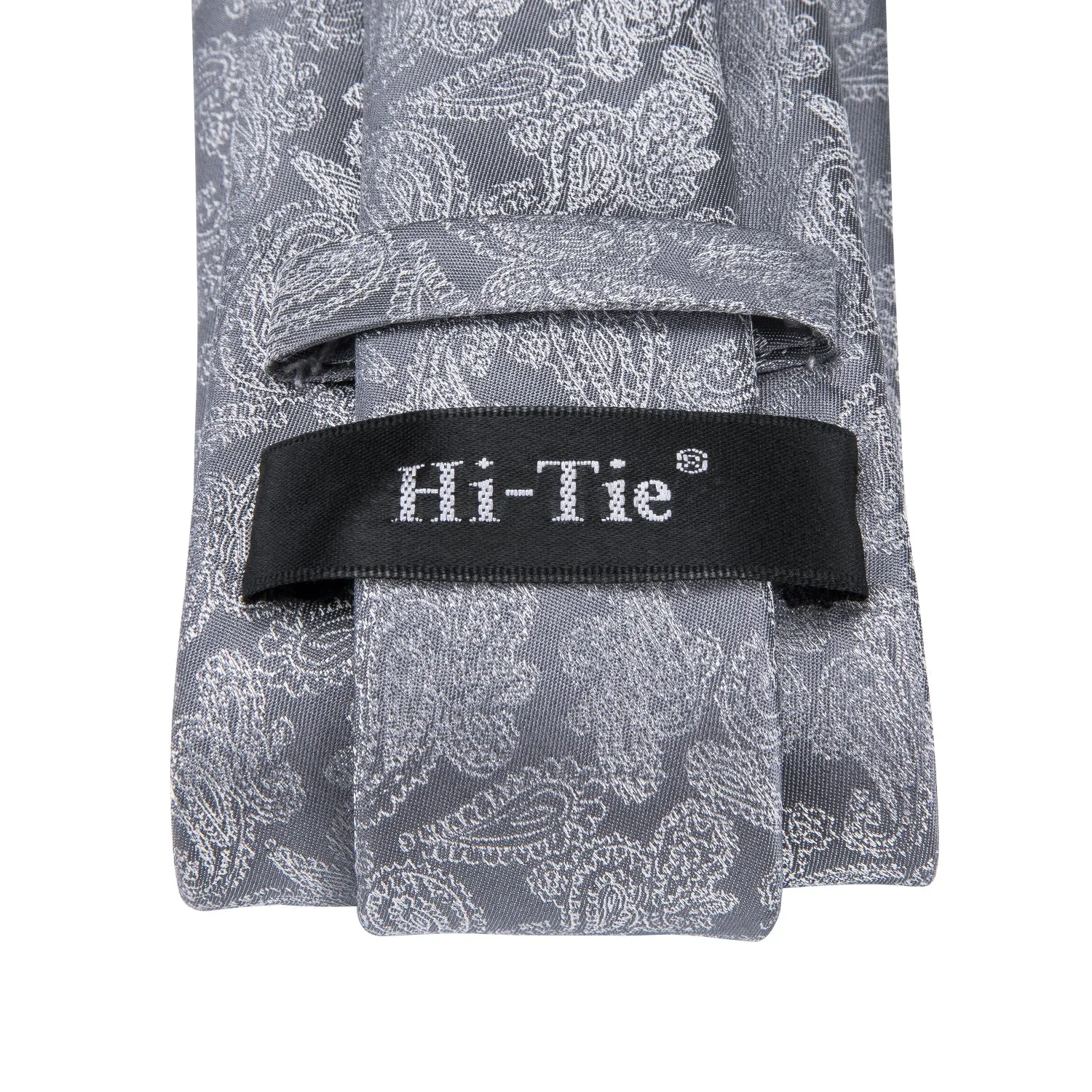 Hi-Tie Grey Tie Shining Grey Paisley Tie Pocket Square Cufflinks Set