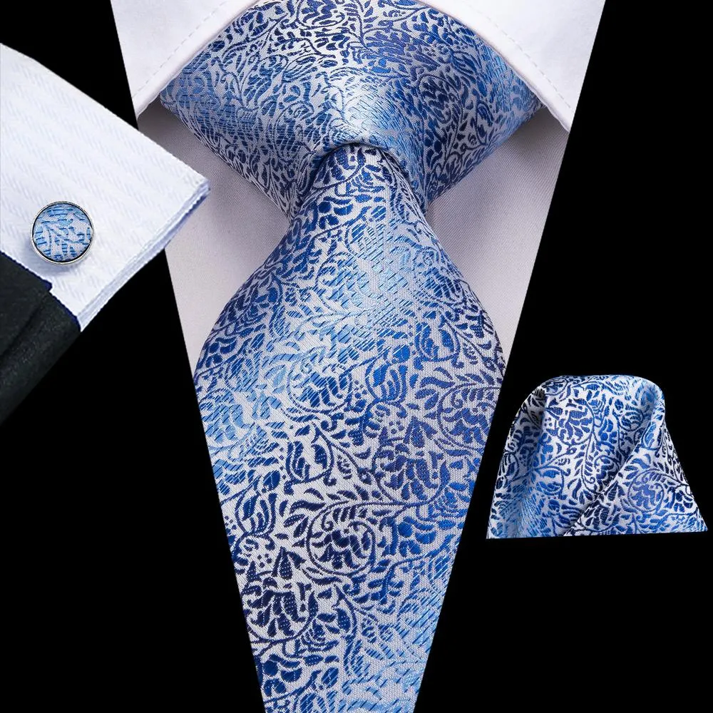 Hi-Tie Light Blue Tie Floral Necktie Pocket Square Cufflinks Sets