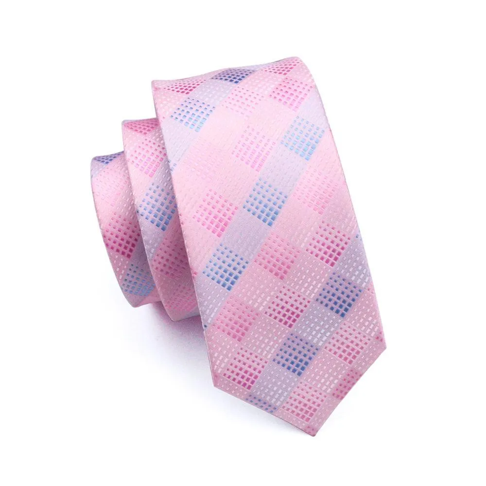 Hi-Tie Light Pink Blue Plaid Silk Men's Tie Pocket Square Cufflinks Set