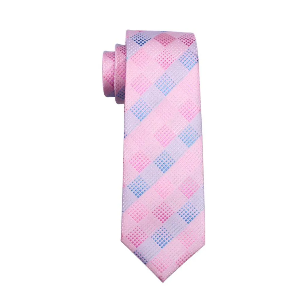 Hi-Tie Light Pink Blue Plaid Silk Men's Tie Pocket Square Cufflinks Set