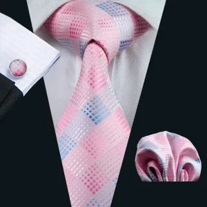 Hi-Tie Light Pink Blue Plaid Silk Men's Tie Pocket Square Cufflinks Set