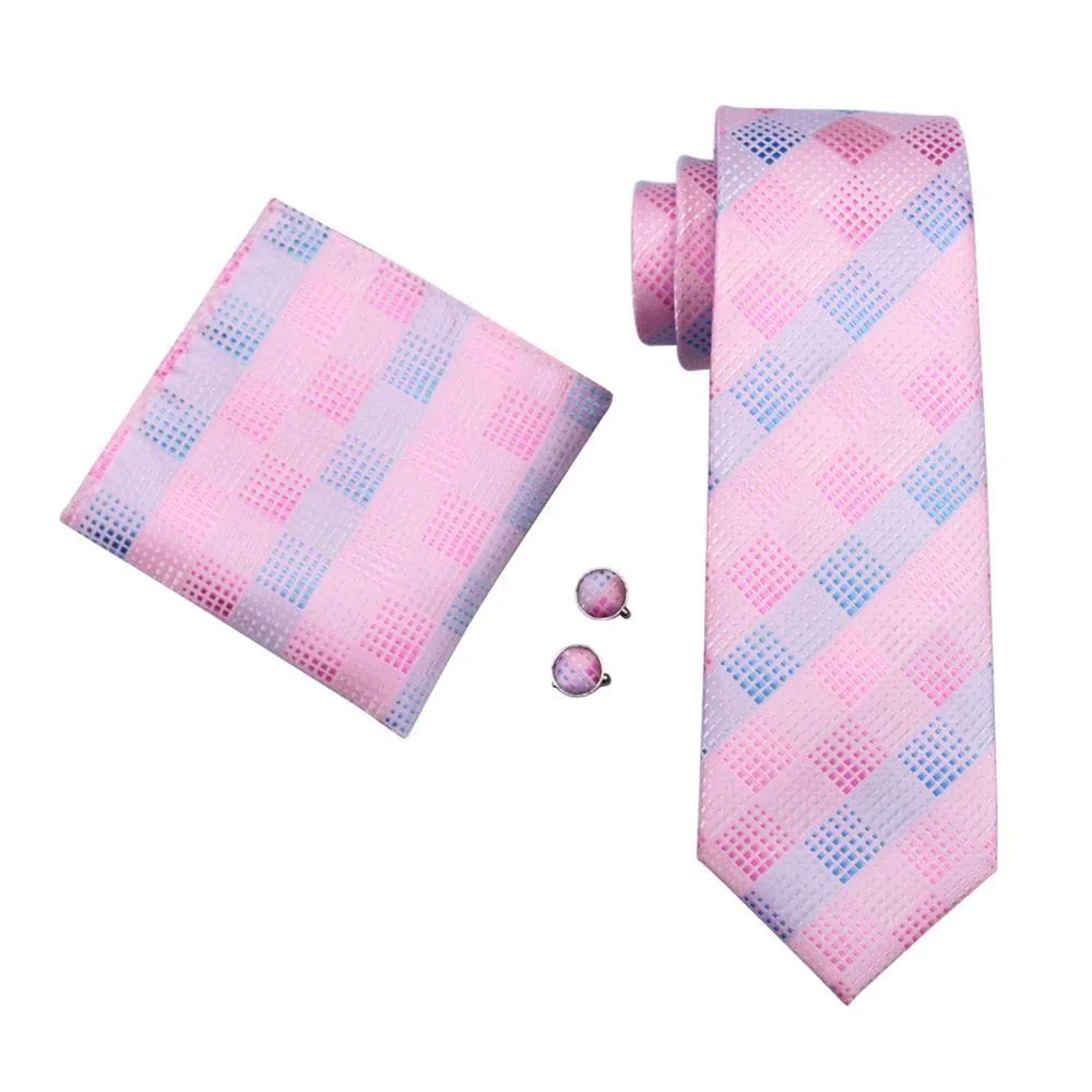 Hi-Tie Light Pink Blue Plaid Silk Men's Tie Pocket Square Cufflinks Set