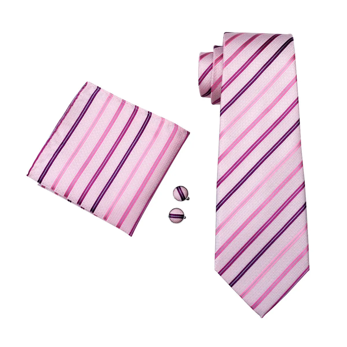 Hi-Tie Light Pink Necktie Striped Mens Tie Pocket Square Cufflinks Set