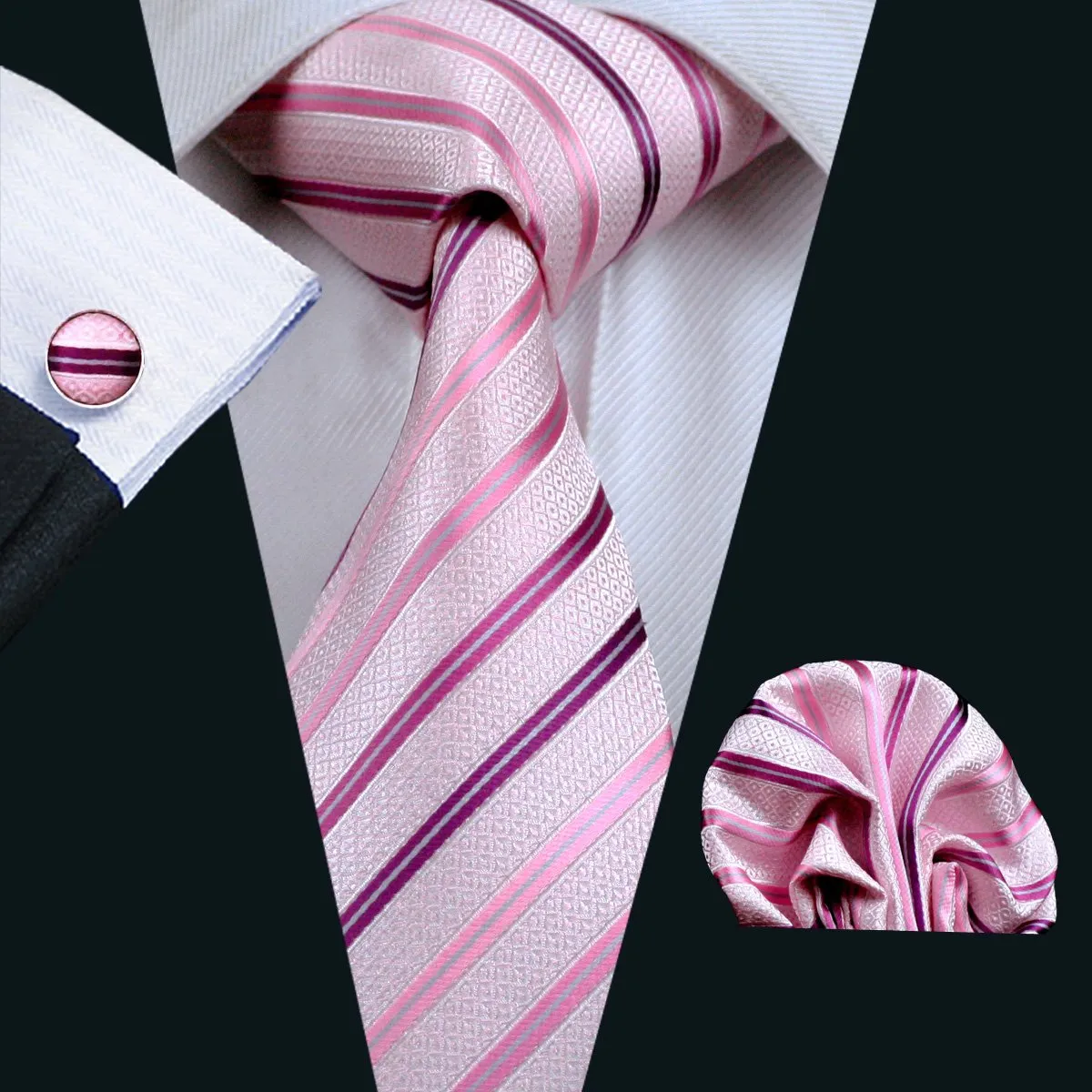 Hi-Tie Light Pink Necktie Striped Mens Tie Pocket Square Cufflinks Set