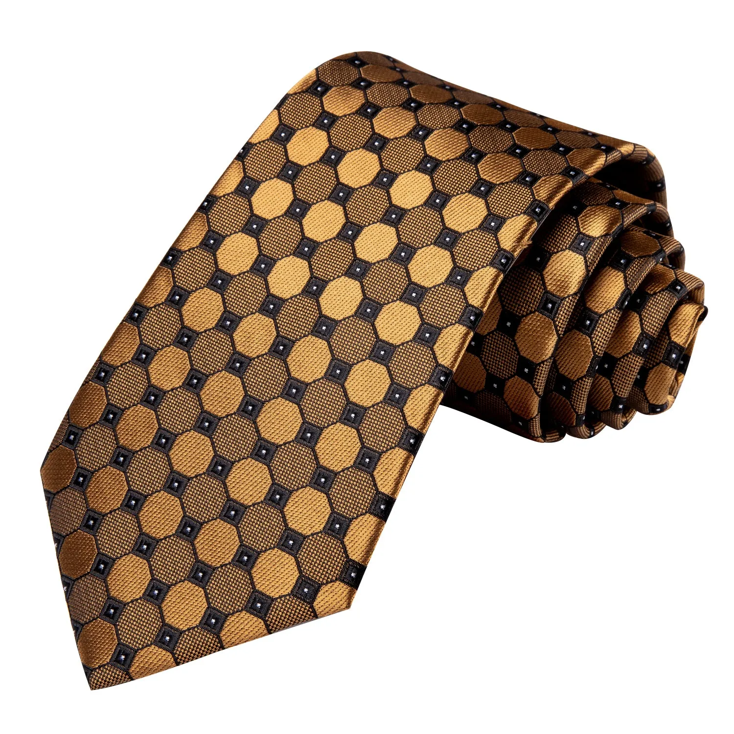 Hi-Tie Men's Golden Polka Dot Silk Necktie Pocket Square Cufflinks Set