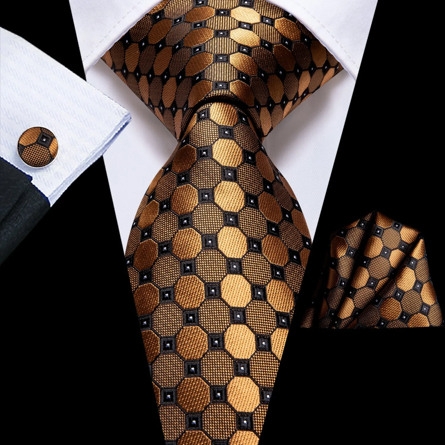 Hi-Tie Men's Golden Polka Dot Silk Necktie Pocket Square Cufflinks Set