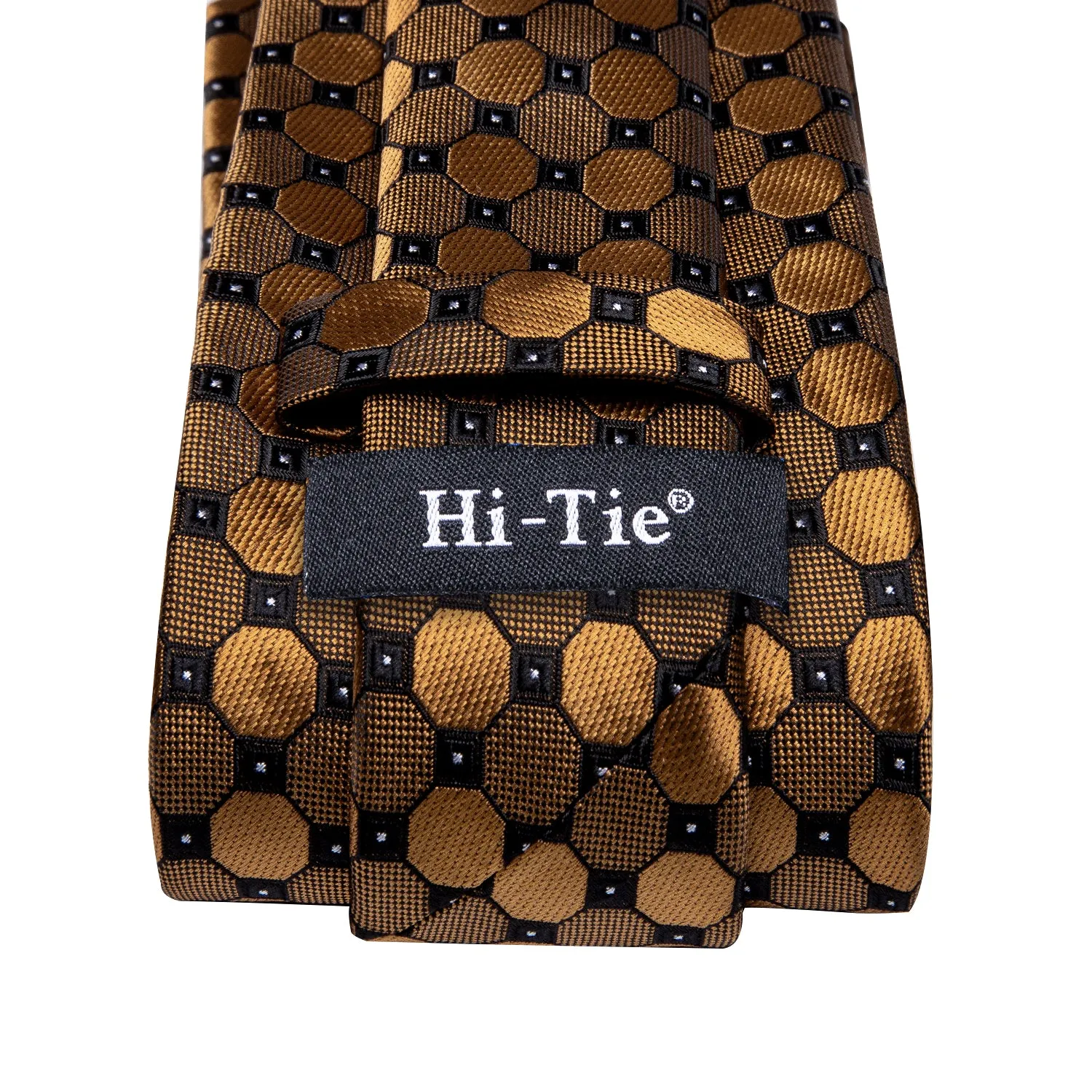 Hi-Tie Men's Golden Polka Dot Silk Necktie Pocket Square Cufflinks Set