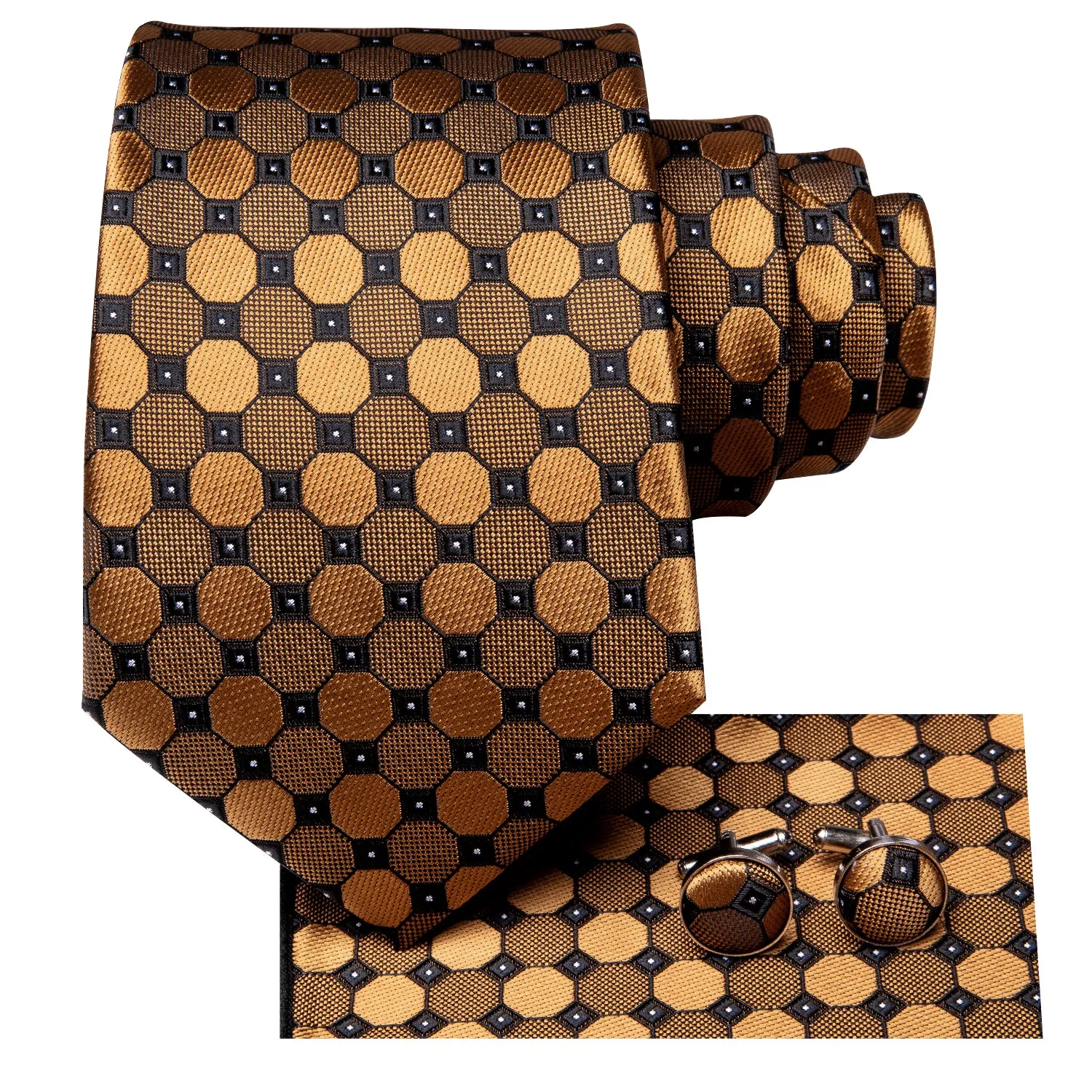 Hi-Tie Men's Golden Polka Dot Silk Necktie Pocket Square Cufflinks Set