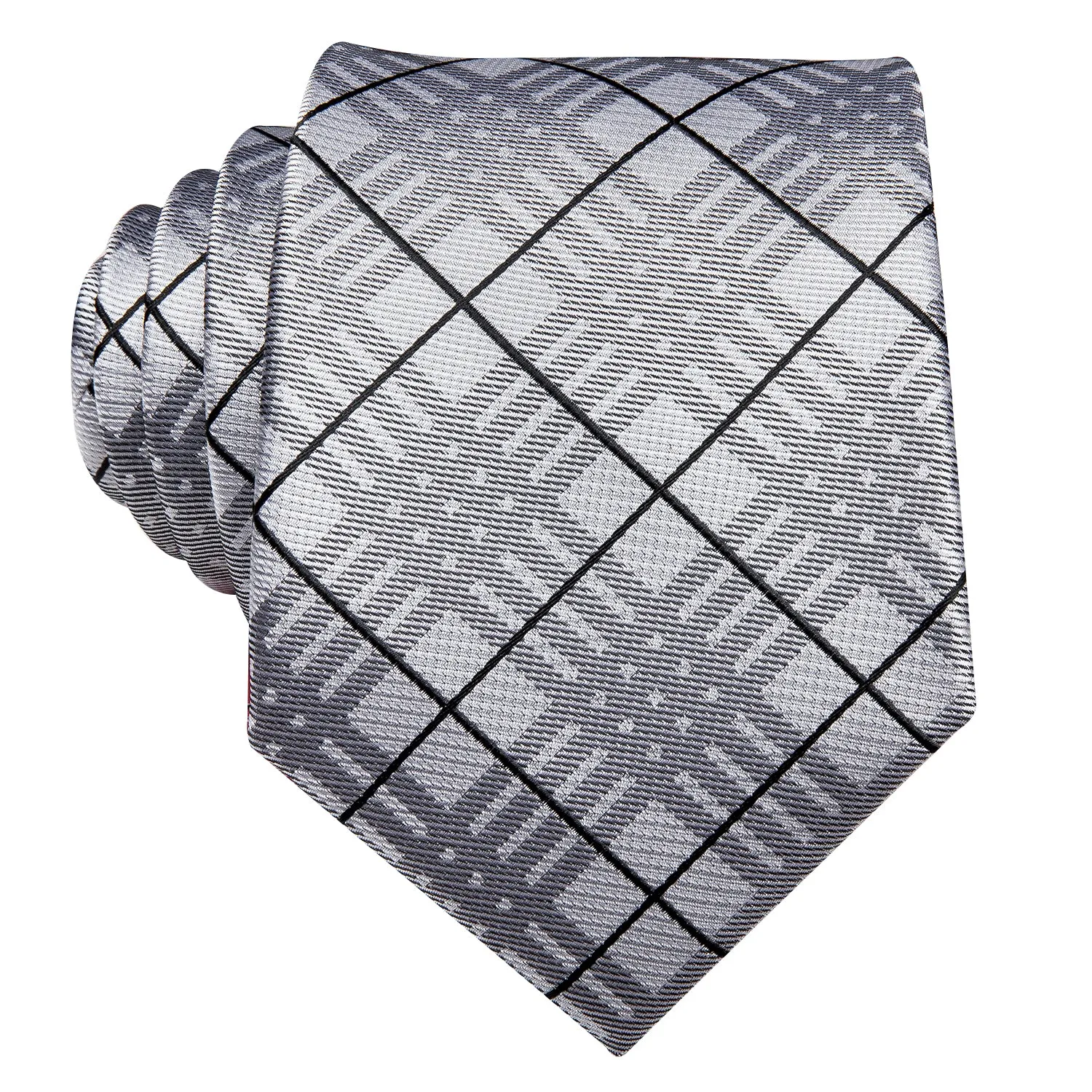 Hi-Tie Mens Light Grey Tie Black Plaid Tie Pocket Square Cufflinks Set