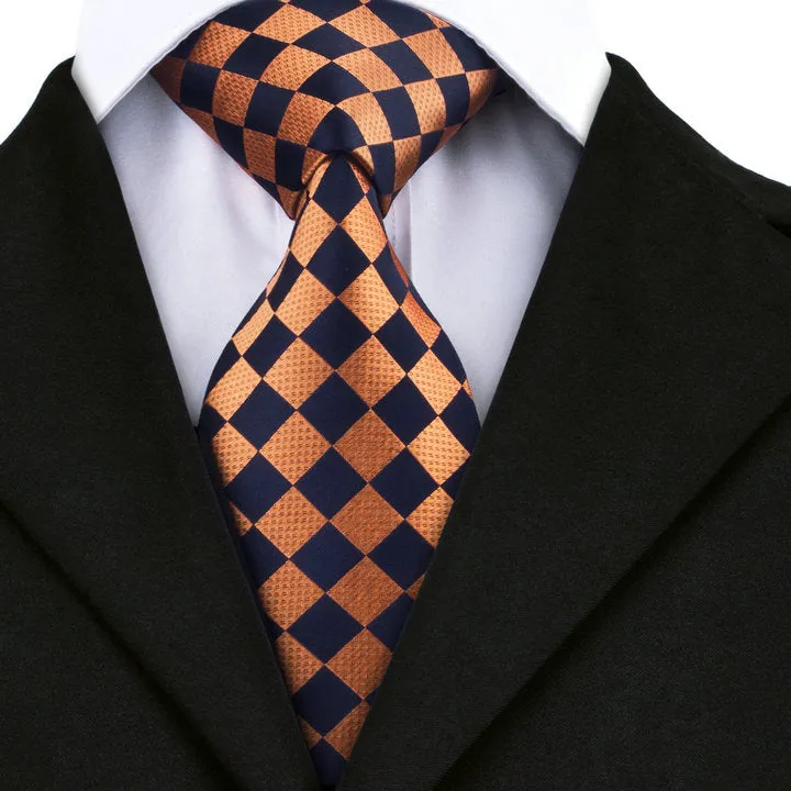 Hi-Tie Mens Orange Black Checkered Necktie Pocket Square Cufflinks Set