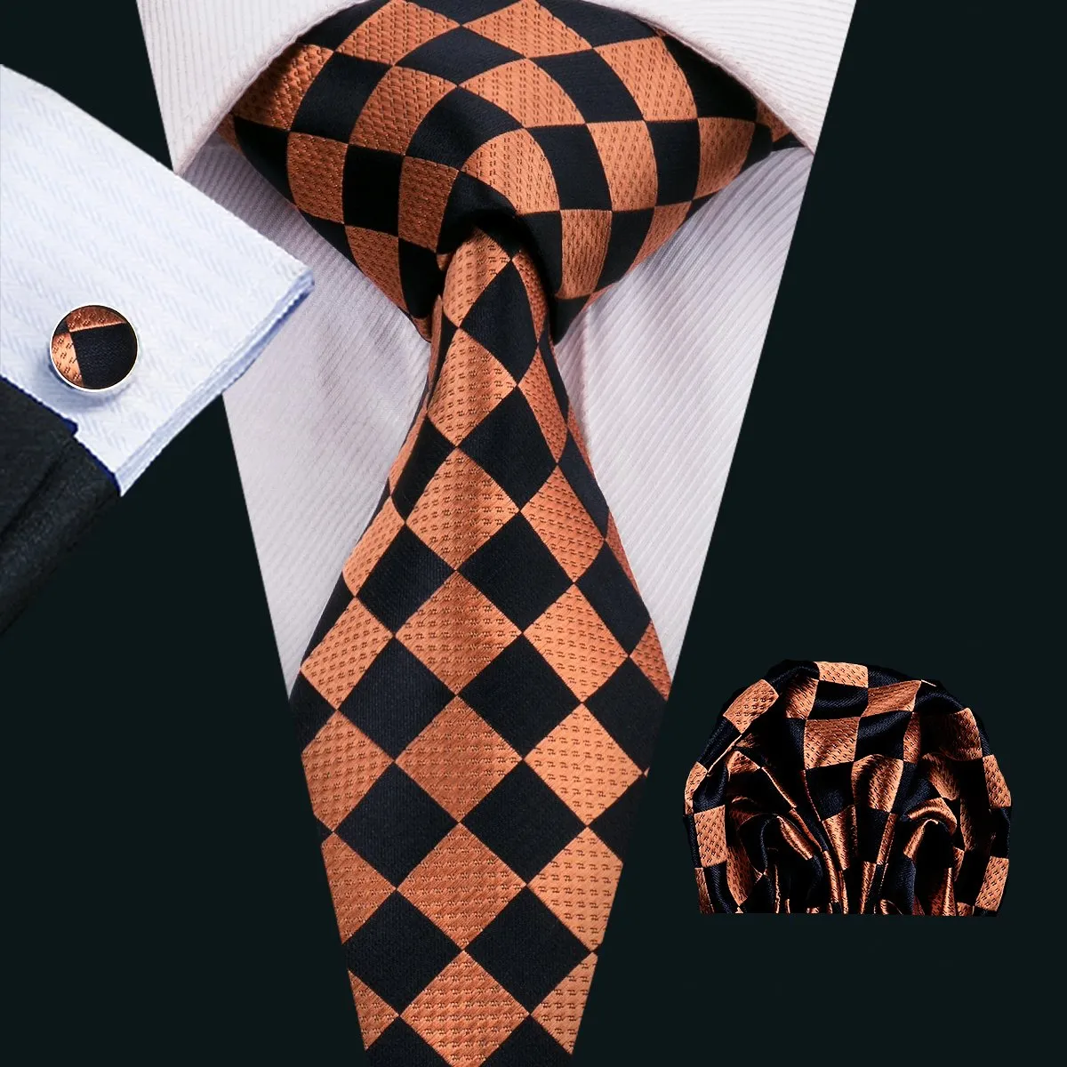 Hi-Tie Mens Orange Black Checkered Necktie Pocket Square Cufflinks Set