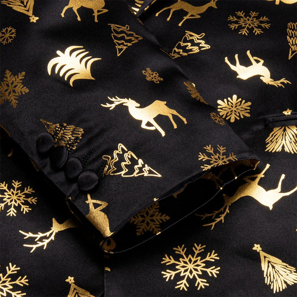 Hi-Tie Mens Silk Suit Black Gold Christmas Snow Tree Festival Suit for Men