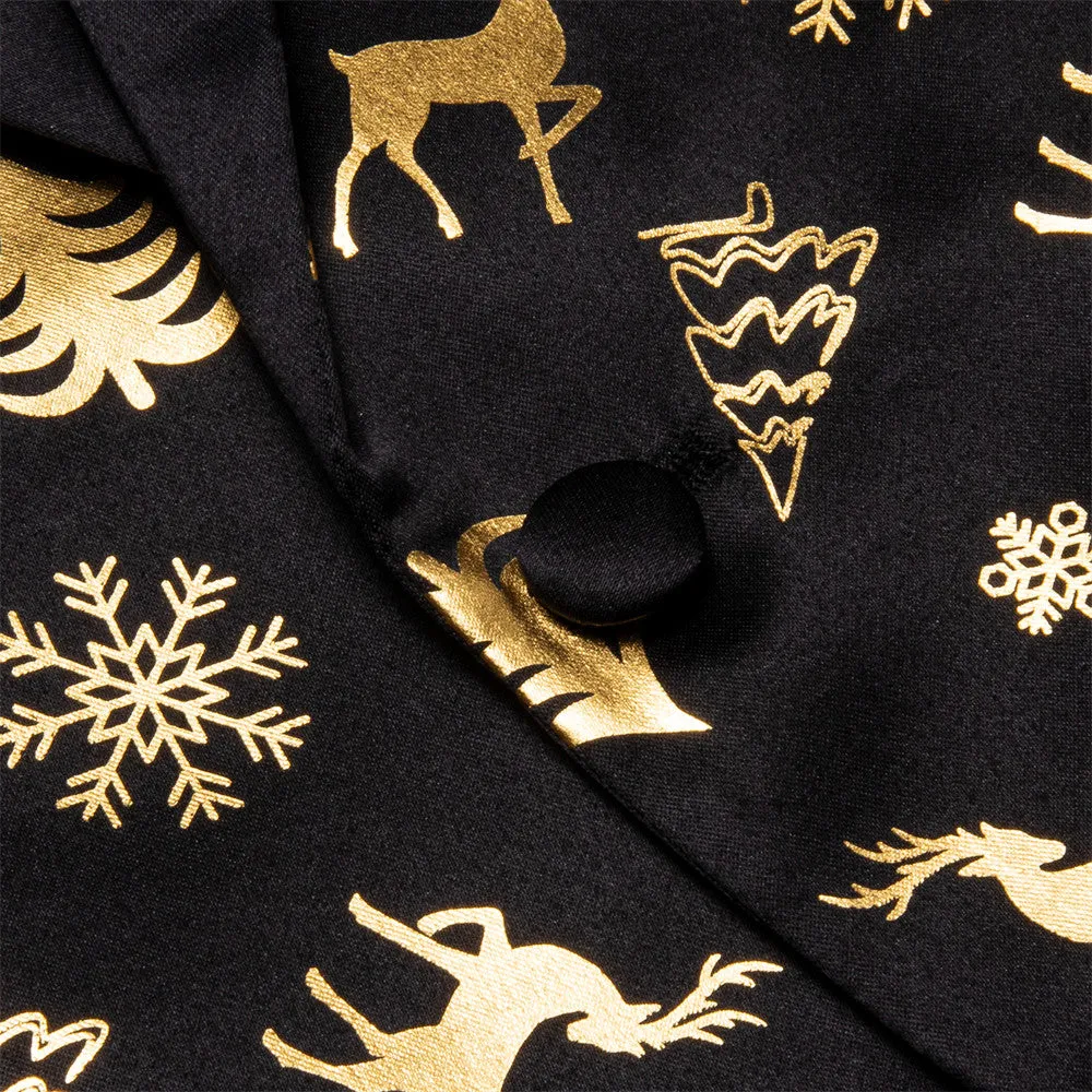 Hi-Tie Mens Silk Suit Black Gold Christmas Snow Tree Festival Suit for Men