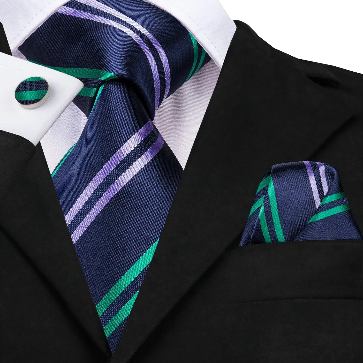 Hi-Tie Navy Blue Green Striped Men Necktie Pocket Square Cufflinks Set