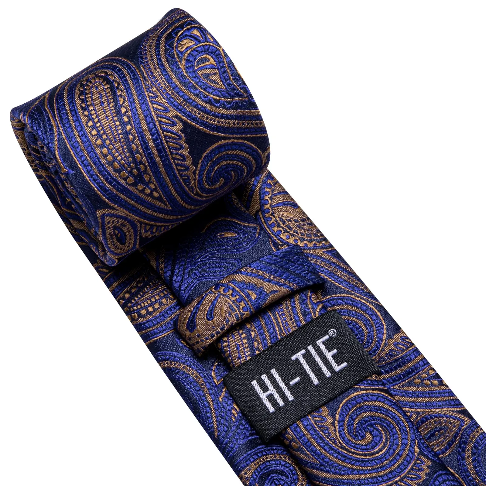 Hi-Tie Navy Blue Necktie Brown Paisley Tie Pocket Square Cufflinks Set