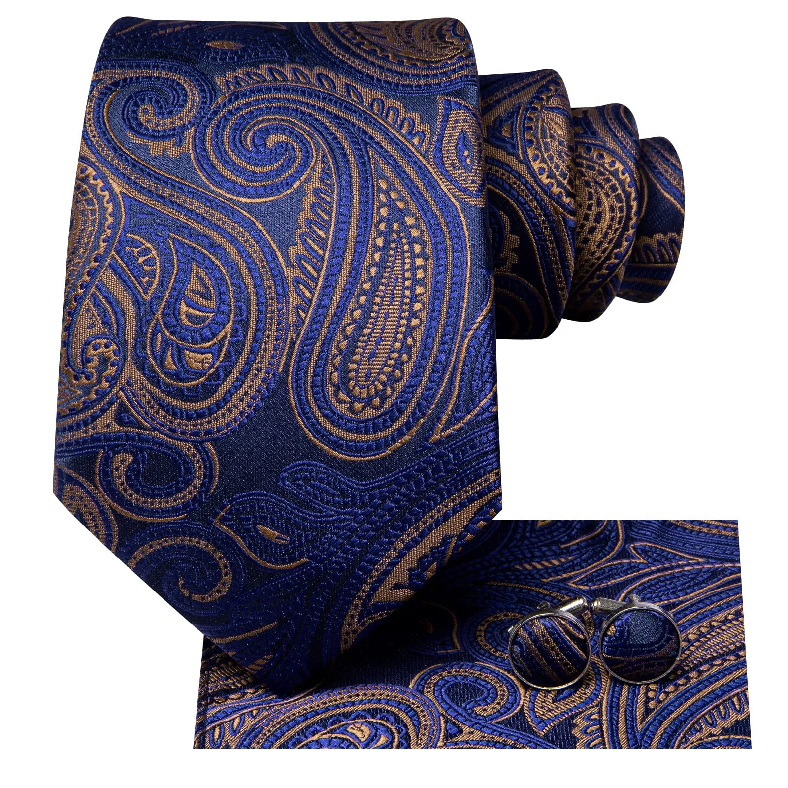 Hi-Tie Navy Blue Necktie Brown Paisley Tie Pocket Square Cufflinks Set