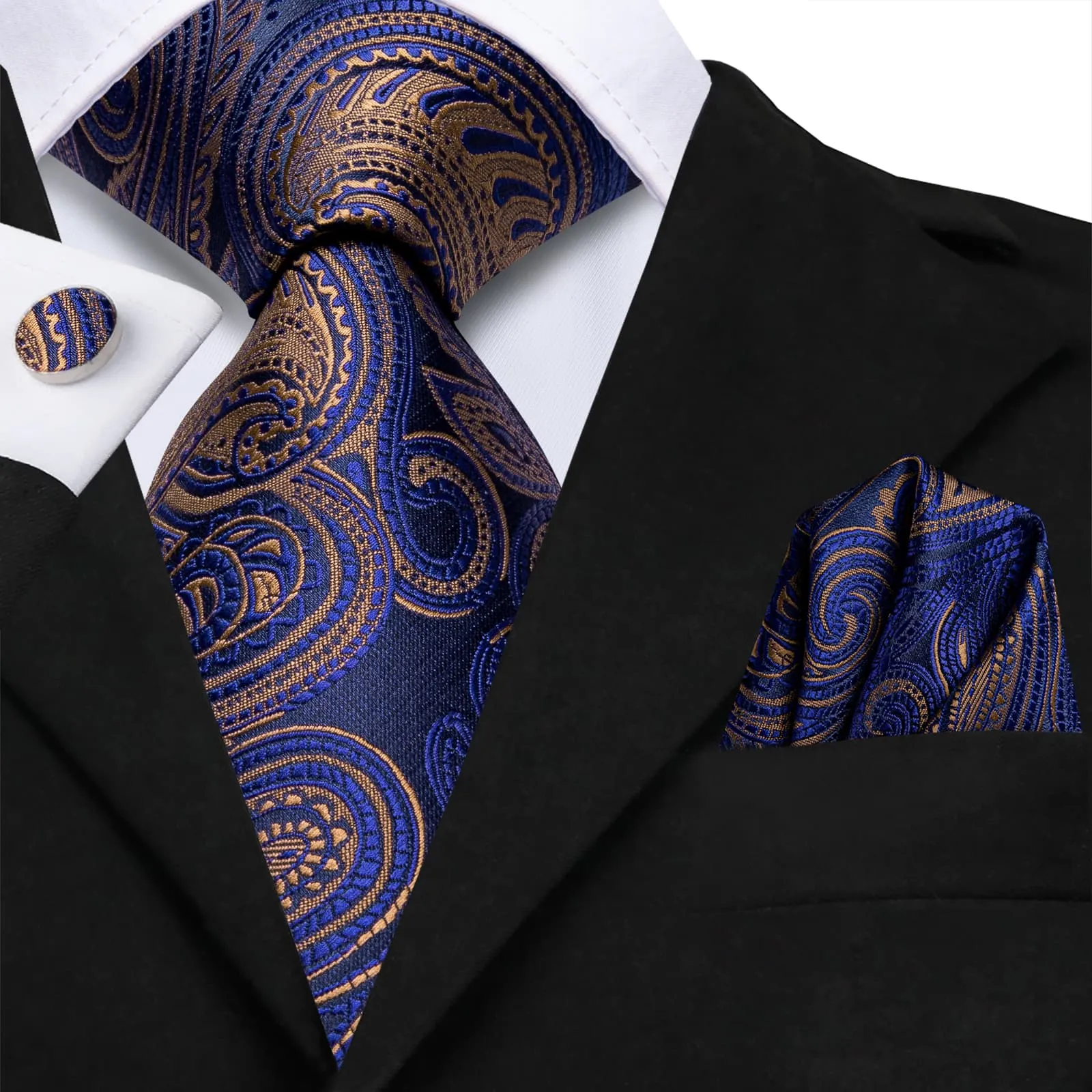 Hi-Tie Navy Blue Necktie Brown Paisley Tie Pocket Square Cufflinks Set