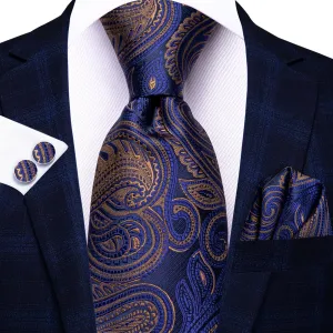 Hi-Tie Navy Blue Necktie Brown Paisley Tie Pocket Square Cufflinks Set