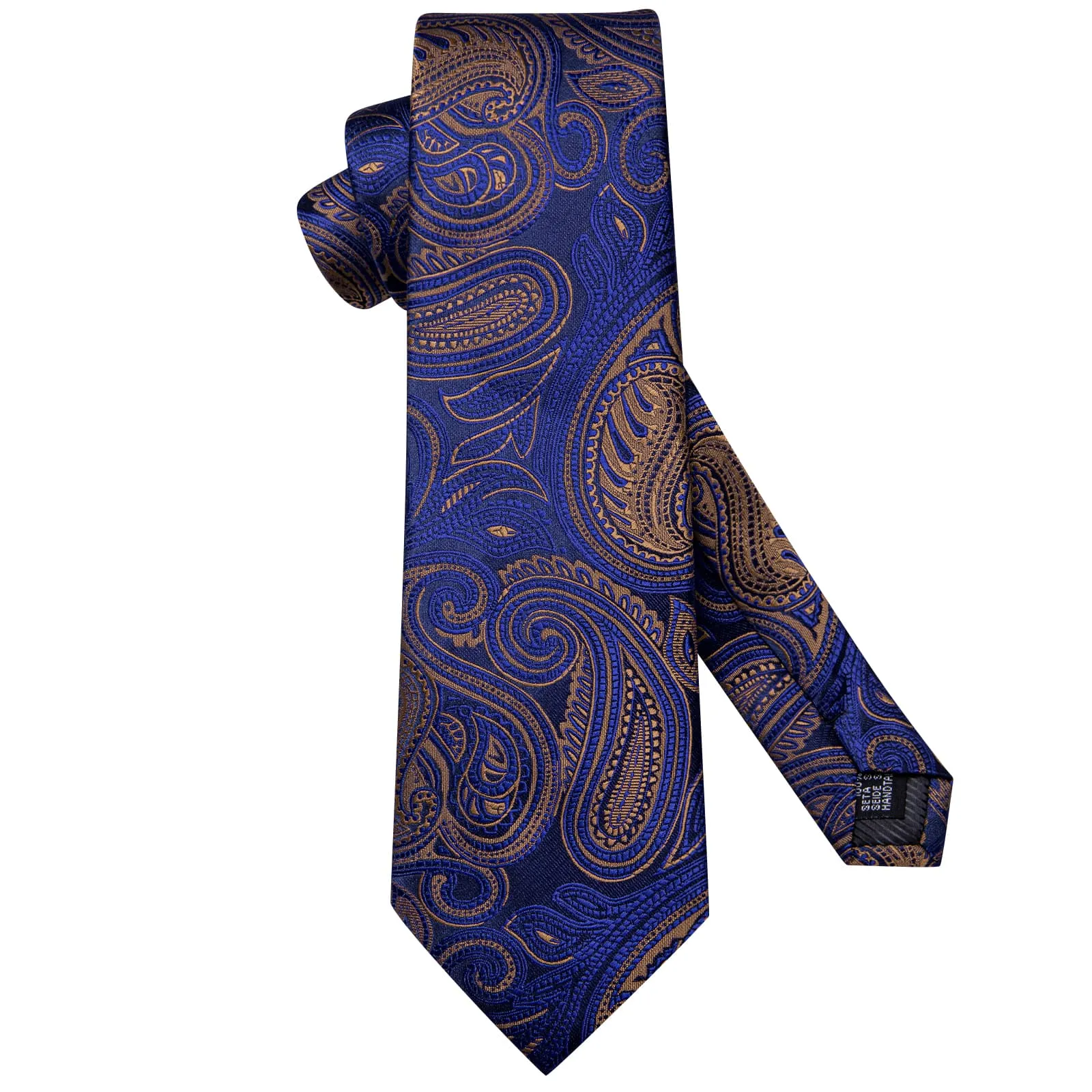 Hi-Tie Navy Blue Necktie Brown Paisley Tie Pocket Square Cufflinks Set