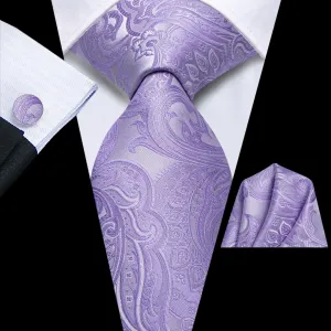 Hi-Tie Orchid Purple Floral Silk Mens Tie Handkerchief Cufflinks Set