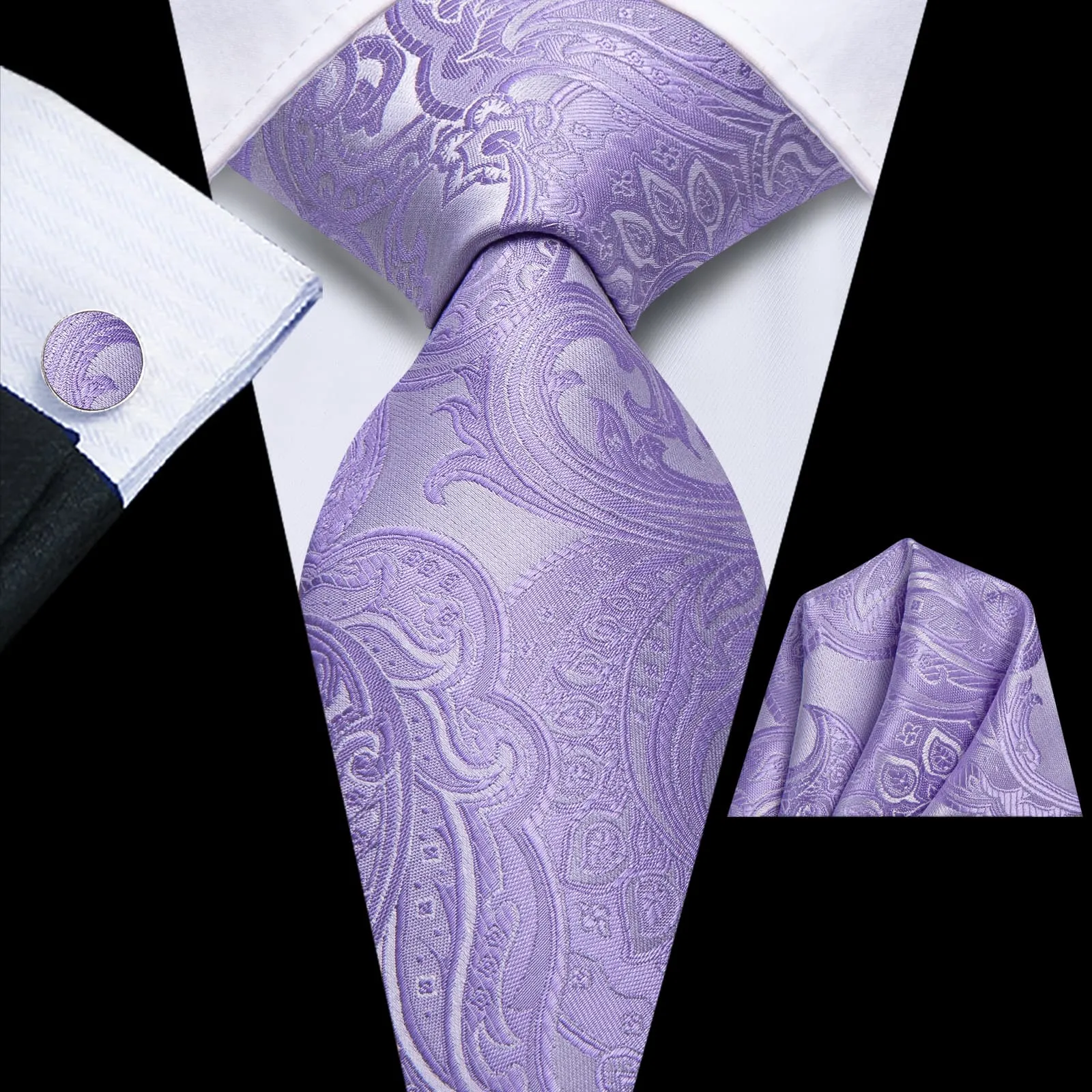 Hi-Tie Orchid Purple Floral Silk Mens Tie Handkerchief Cufflinks Set