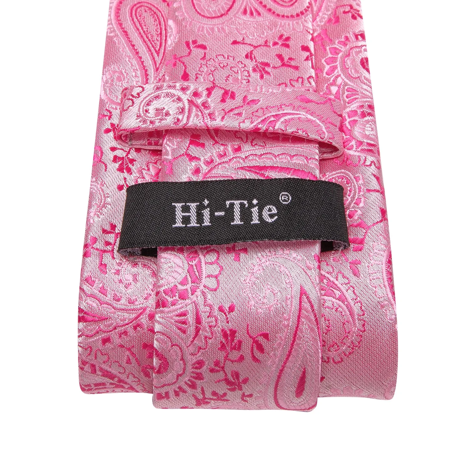 Hi-Tie Pink Paisley 67 Inch Extra Long Tie Handkerchief Cufflinks Set