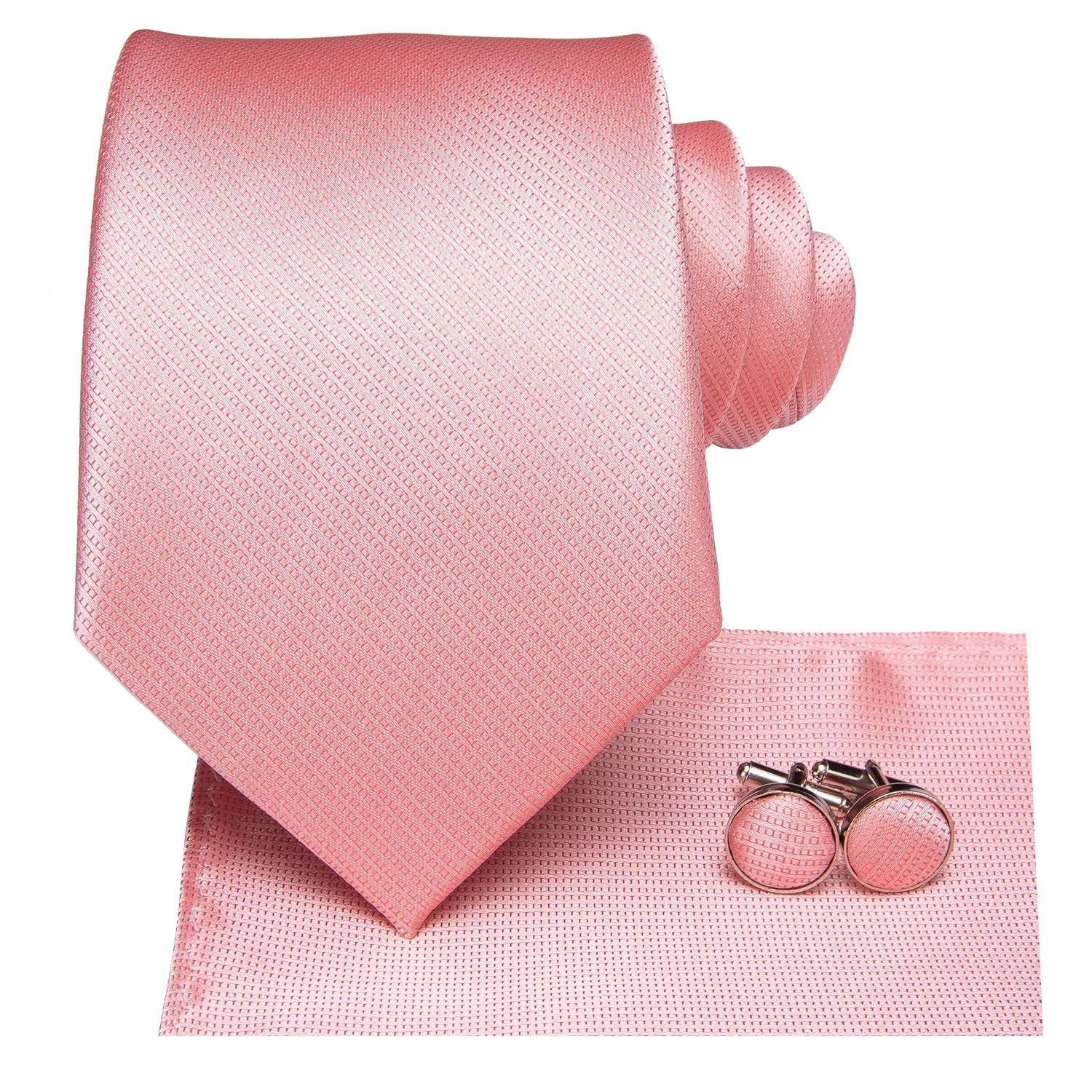 Hi-Tie Pink Satin Wedding Coral Solid Tie Pocket Square Cufflinks Set