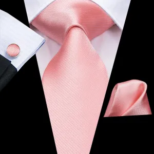 Hi-Tie Pink Satin Wedding Coral Solid Tie Pocket Square Cufflinks Set