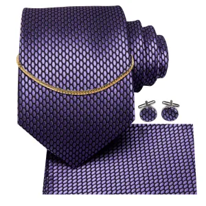 Hi-Tie Purple Geometric Solid Tie Hanky Cufflinks Set With Gold Chain