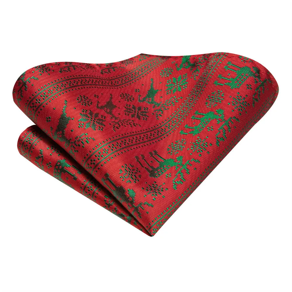 Hi-Tie Red Green Striped Deer Snow Christmas Designer Silk Necktie Set